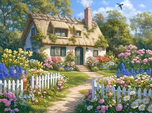 nr 165 Diamond painting landhuis bloemen 40x30cm (vierkant)