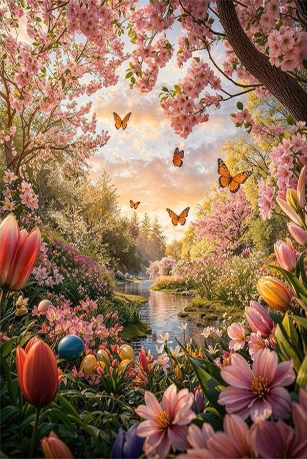 nr 414 Diamond Painting lente tuin 30x20cm (rond)