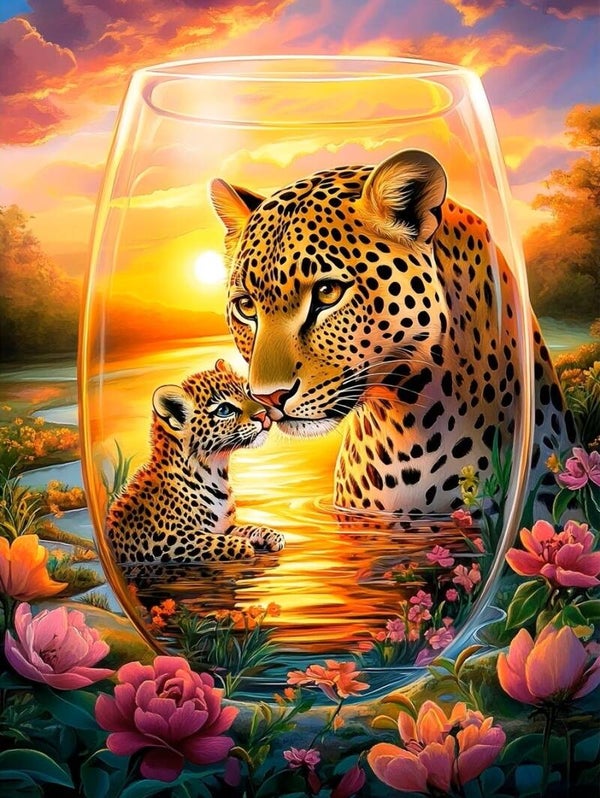 50x40cm Diamond Painting luipaard in glas (vierkant) nr 25