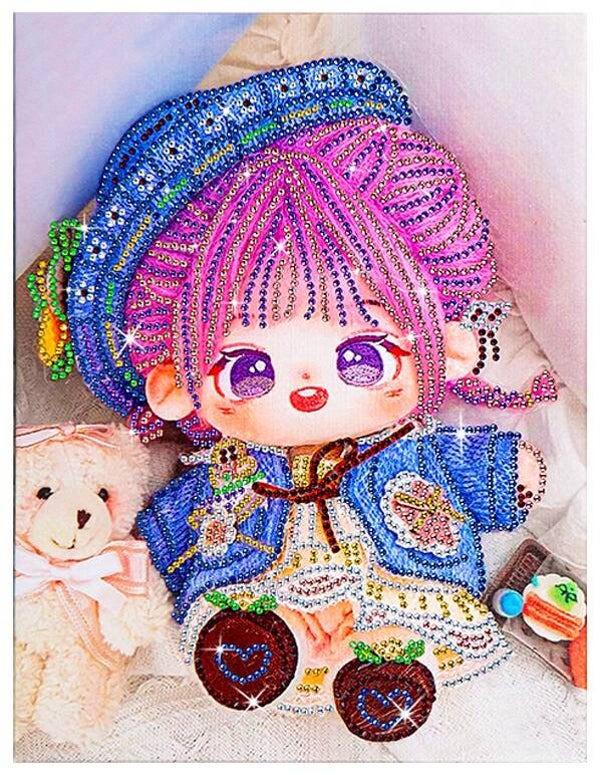 Diamond Painting op Houten Frame Pop en Teddybeer 30x23cm