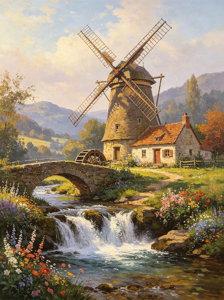 40x30cm Diamond Painting dijk huisje met molen (rond) nr 260