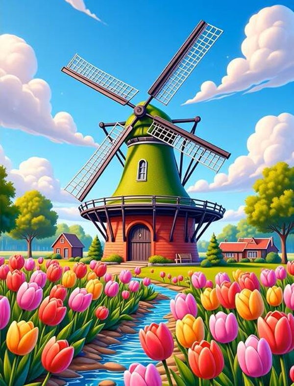 nr 279 Diamond painting molen tulpen 40x30cm (rond)