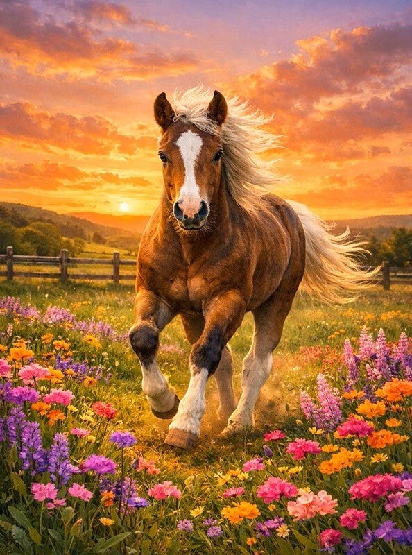 nr 665 Diamond Painting paard met bloemen 40x30m (rond)