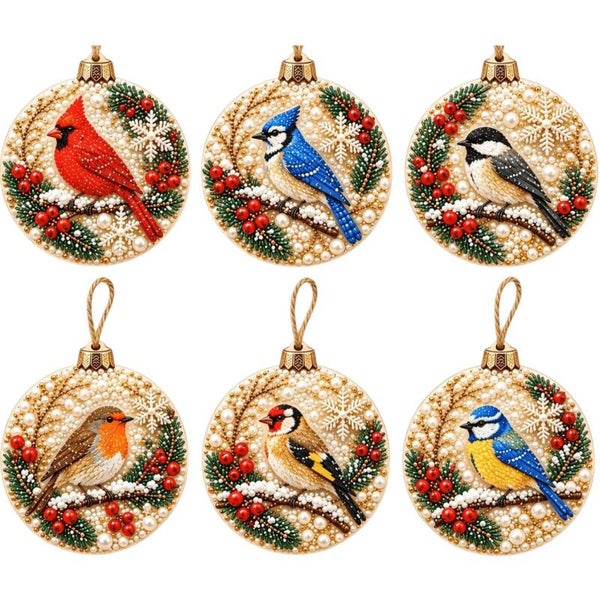 Diamond Painting kerst hanger vogels 6 stuks nr 2120
