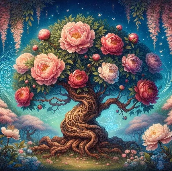 nr 321 Diamond Painting pioen rozen boom 30x30cm