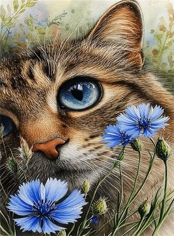 nr 403 Diamond Painting poes blauwe ogen 30x20cm (rond)