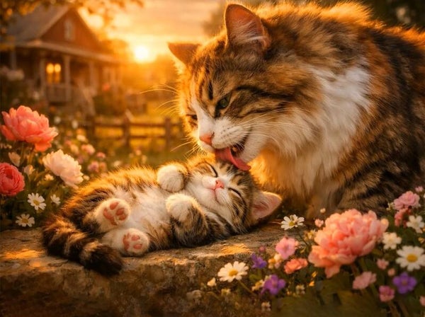 50x40cm Diamond Painting poes met kitten (vk) nr 1160