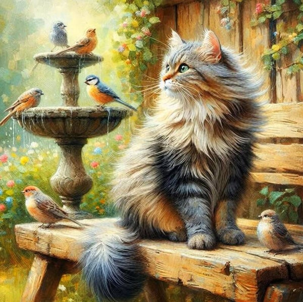 20x20cm Diamond Painting poes met vogeltjes (rond) nr 530