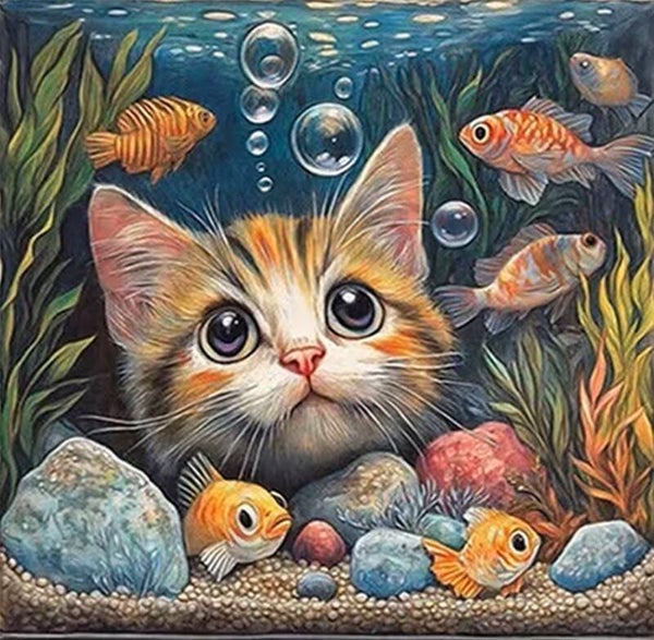 nr 342 Diamond Painting poesje vissen 30x30cm