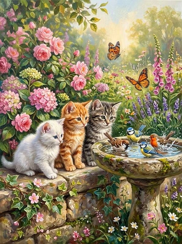 30x20cm Diamond Painting poesjes vogels vlinders (rond) nr 411