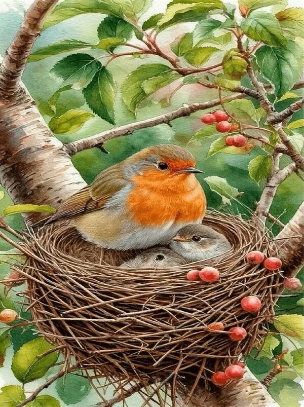 50x40cm Diamond Painting vogel met jonkies (rond) nr 108