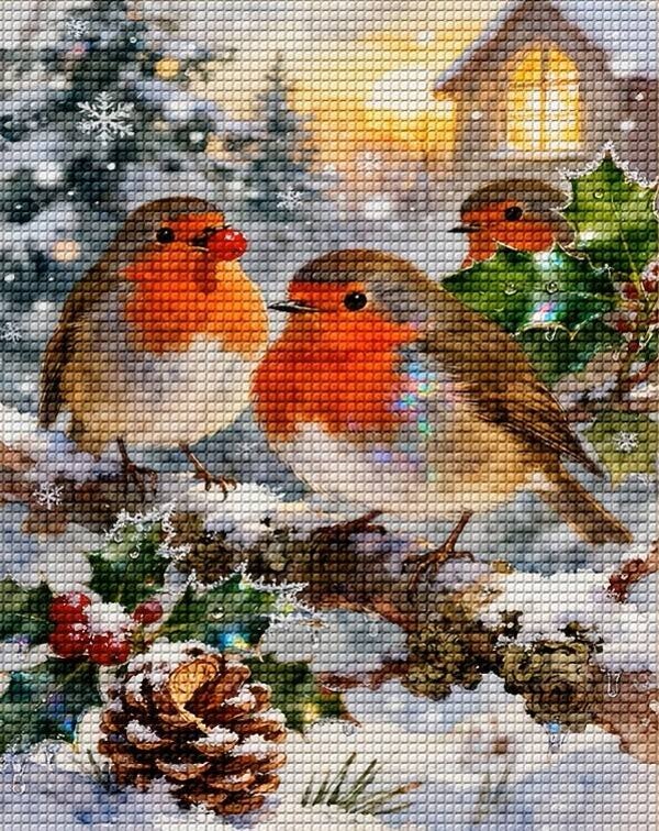 50x40cm Diamond Painting roodborstjes sneeuw (rond) nr 85
