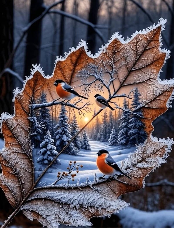50x40cm Diamond Painting roodborstjes winter blad (vierkant) nr 55