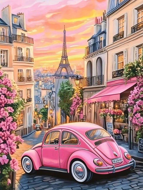 40x30cm Diamond Painting roze auto Parijs (vierkant) nr 190