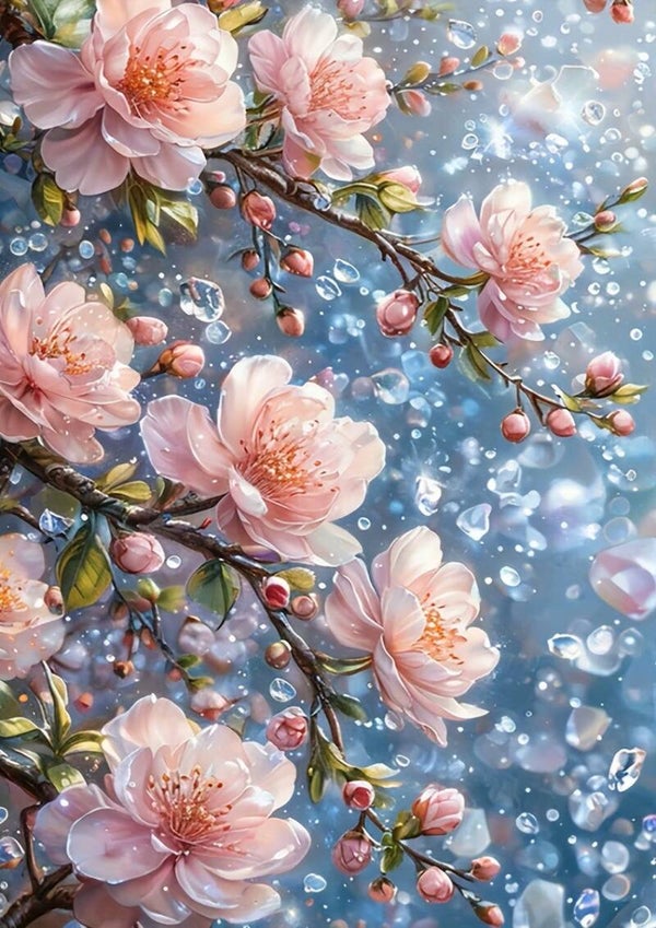 nr 212 Diamond Painting roze bloem takken 40x30cm (vierkant)