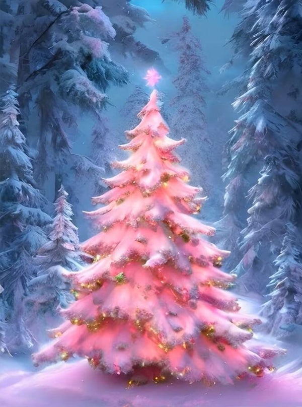 25x20cm Diamond Painting roze kerstboom (rond) nr 438
