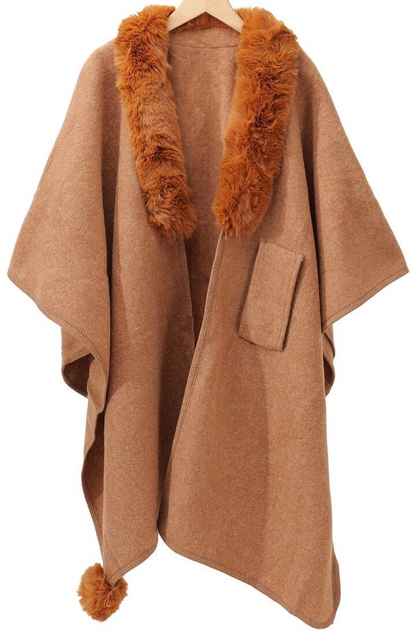 Winter poncho imitatiebont bruin luxe