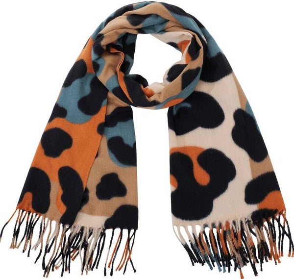 Winter sjaal zacht luipaard print oranje blauw 180x70cm