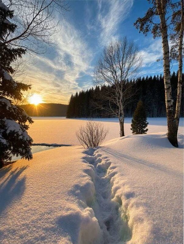 40x30cm Diamond painting sneeuw zon landschap (rond) nr 249