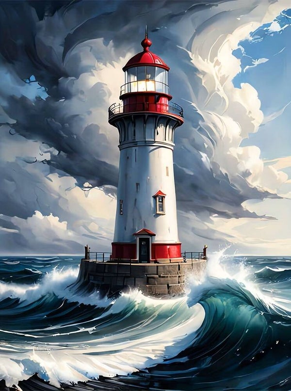 30x20cm Diamond Painting Vuurtoren storm (rond) nr 378