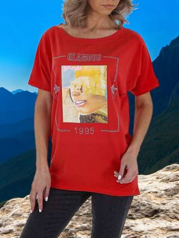 T-shirt 1995 rood glamour glitter one size