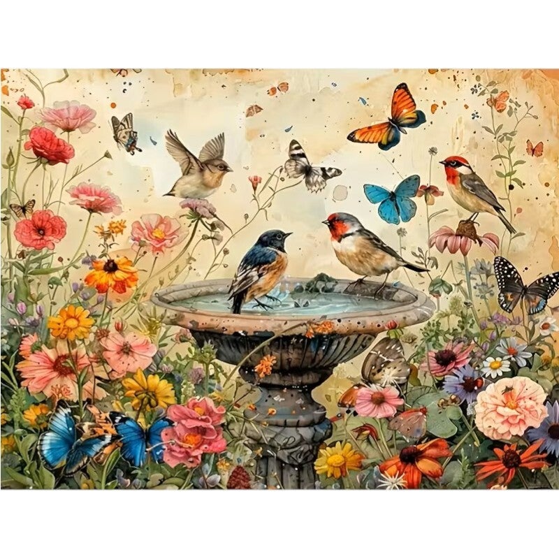 Diamond Painting vogelbad met vlinders 50x40cm (vierkant)