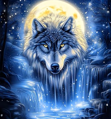 Diamond Painting wolf maanlicht 20x20cm (rond)