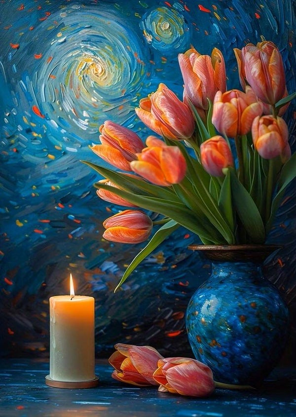 nr 222 Diamond Painting tulpen en kaars 40x30cm (rond)