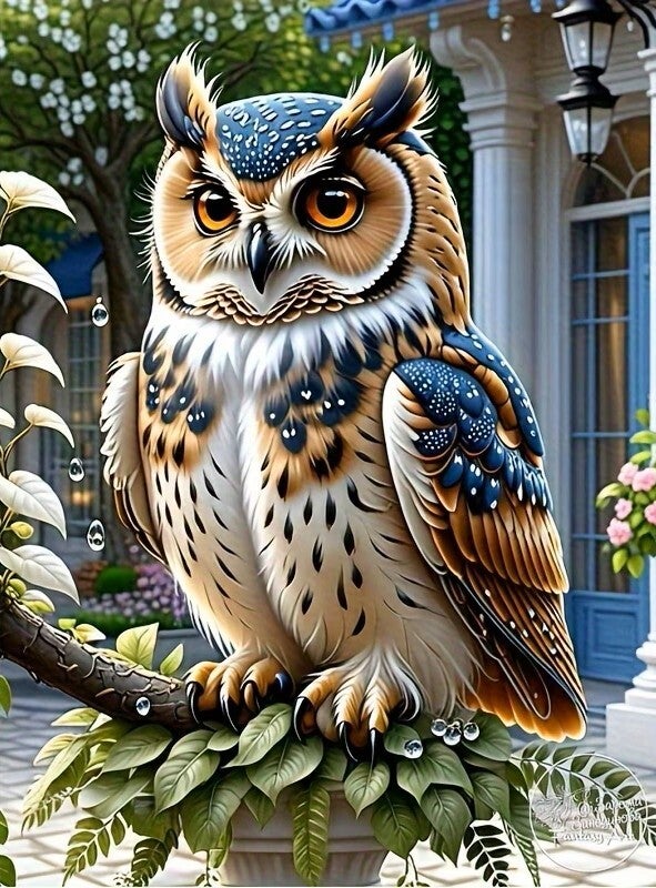 30x20cm Diamond Painting uil in boom (rond) nr 399
