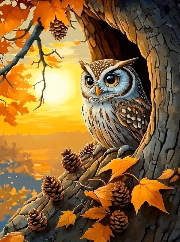 nr 246 Diamond Painting Uil in boom 40x30cm (rond)