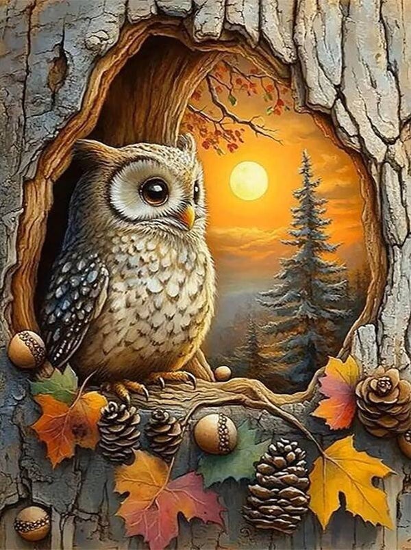 nr 399 Diamond Painting uil in boom 30x20cm (rond)