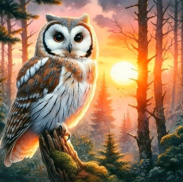 30x30cm Diamond Painting Uil zonsondergang (rond) nr 290
