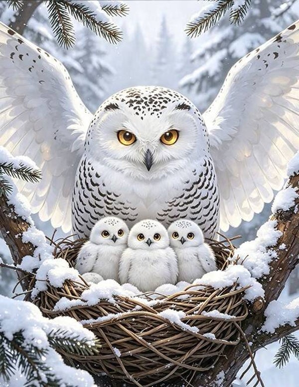 40x30cm Diamond Painting uilen familie sneeuw nr 691