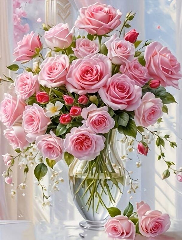 nr 259 Diamond Painting vaas rozen 40x30cm (rond