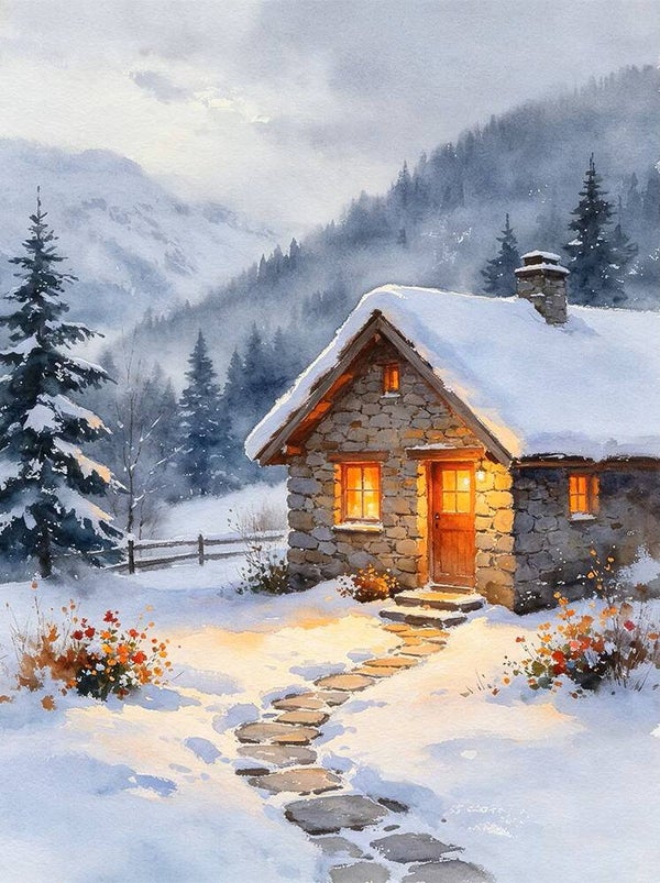 40x30cm Diamond Painting verlicht huis sneeuw nr 705
