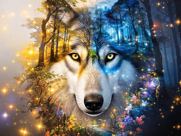 nr 206 Diamond Painting wolf dag - nacht  40x30cm (vierkant)