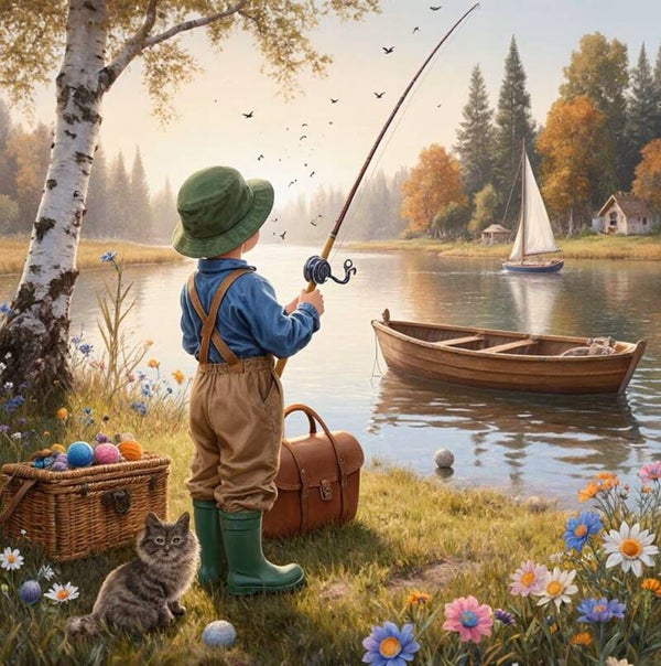 40x40cm Diamond Painting vissers kind nr 638