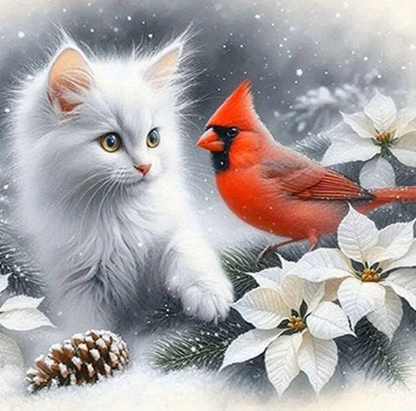 nr 312 Diamond Painting poes vogel bloemen 30x30cm