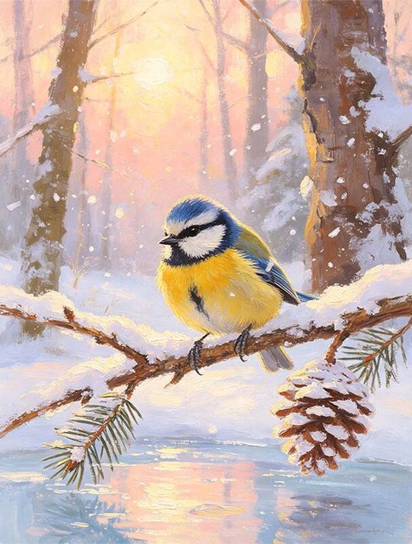 50x40cm Diamond Painting vogel op sneeuwtak (rond) nr 143
