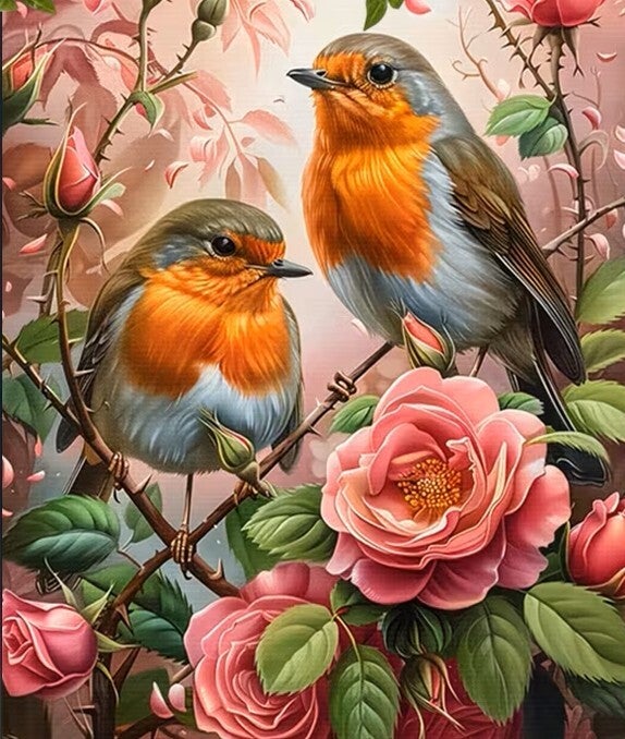 25x20cm Diamond Painting vogels bloemen roze nr 440