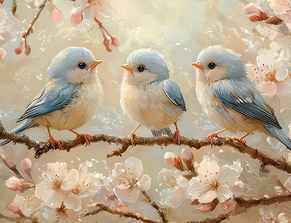 nr 422 Diamond Painting Vogels bloemen tak 30x20cm (rond)