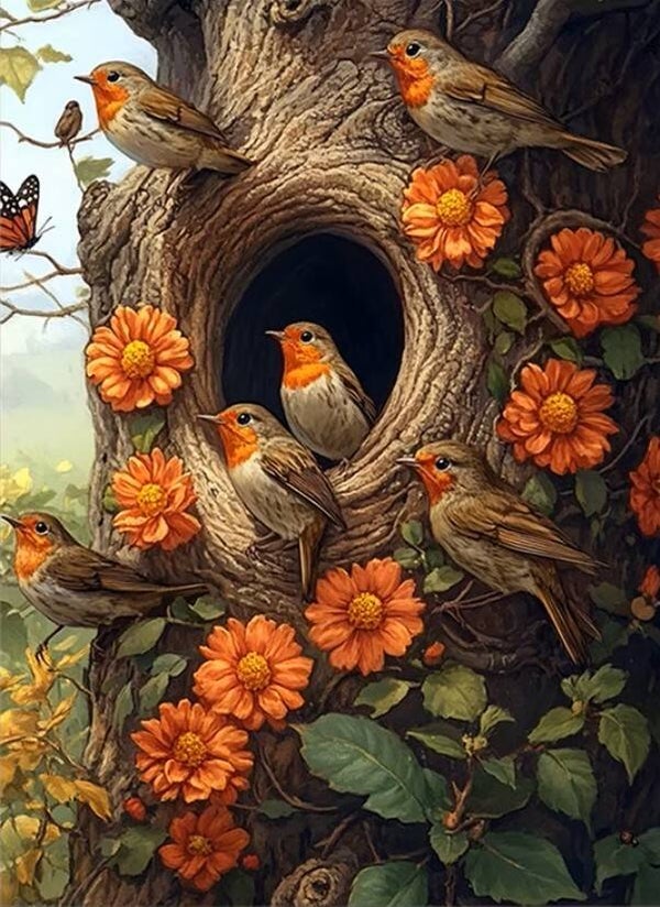 50x40cm Diamond Painting vogels boomhol (vierkant) nr 41