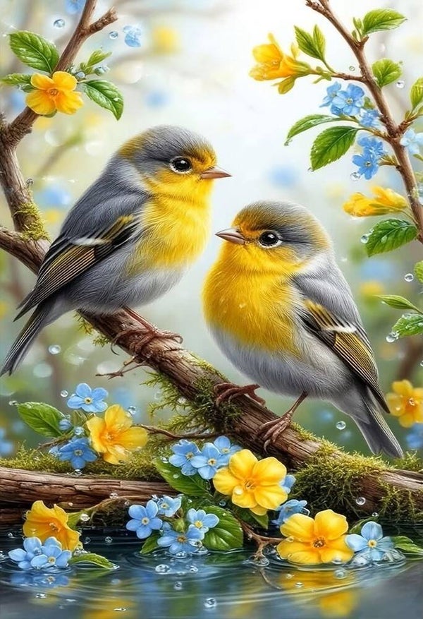 50x40cm Diamond Painting vogels geel blauw (rond) nr 98