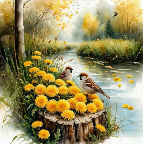 30x30cm Diamond Painting vogels gele bloemen nr 329