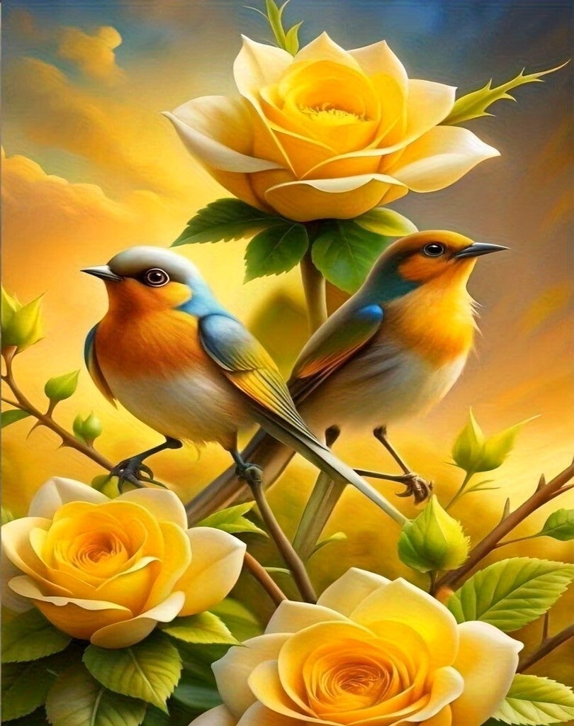 40x30cm Diamond Painting Vogels gele rozen  (rond) nr 242