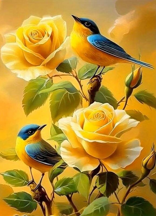 nr 242 Diamond Painting Vogels gele rozen 40x30cm (rond)