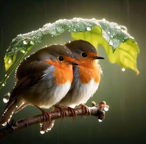 25x25cm Diamond Painting vogels onder blad (rond) nr 484