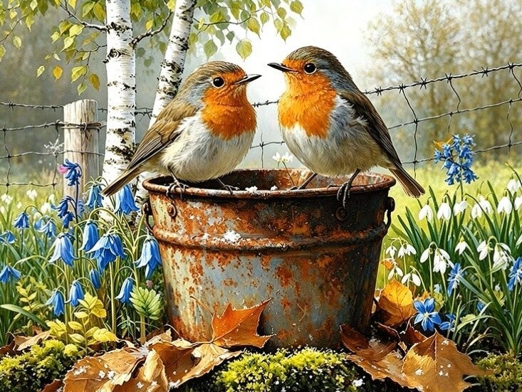 50x40cm Diamond Painting vogels op emmer (rond) nr 108