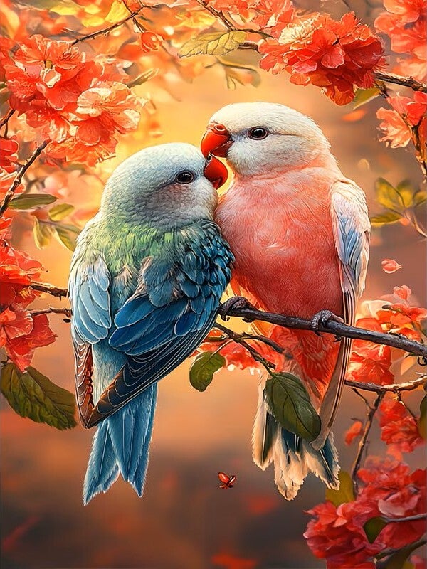nr 421 Diamond Painting Vogels op tak 30x20cm (rond)