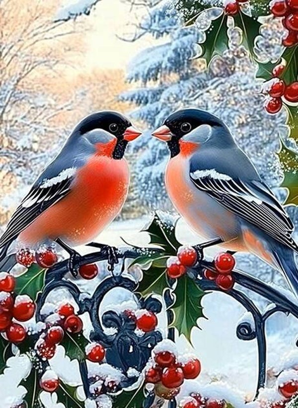 50x40cm Diamond Painting vogels sneeuw (rond) nr 97